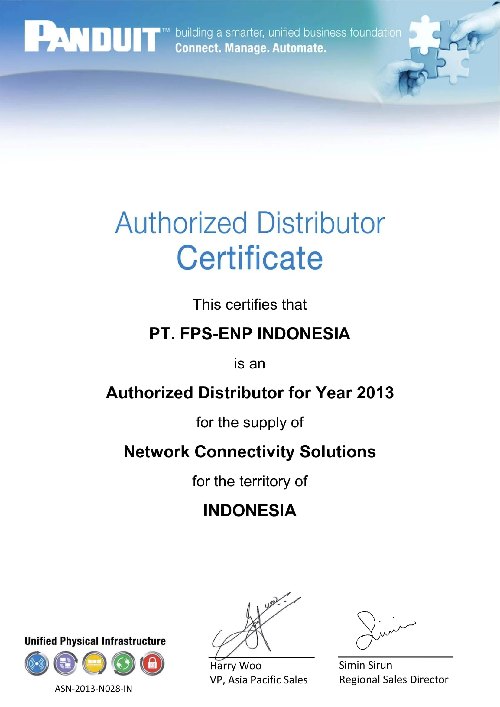 Sertifikat Distributor Resmi Panduit 2013 PT FPS-ENP Indonesia