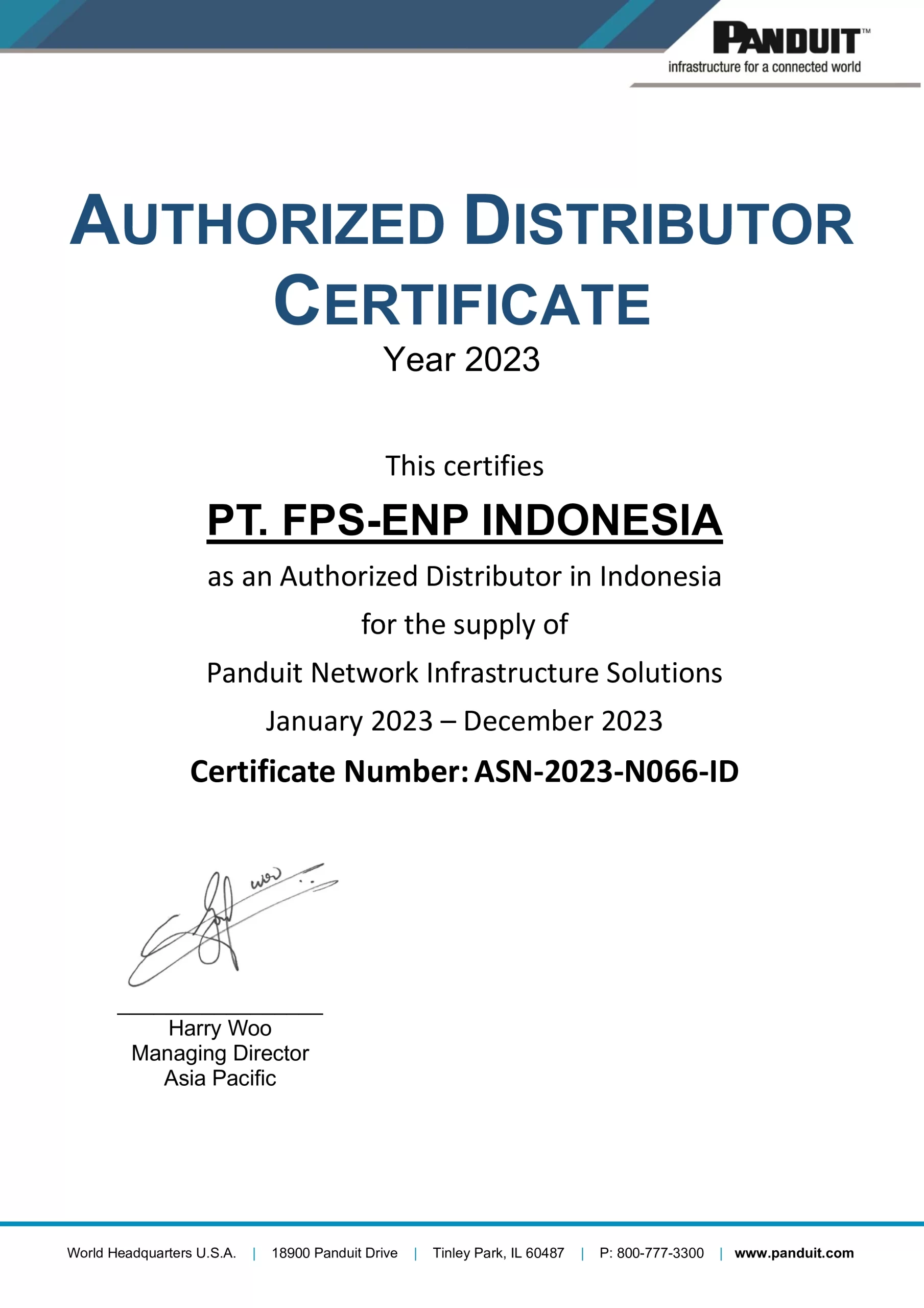 Sertifikat Distributor Resmi Panduit 2023 PT FPS-ENP Indonesia
